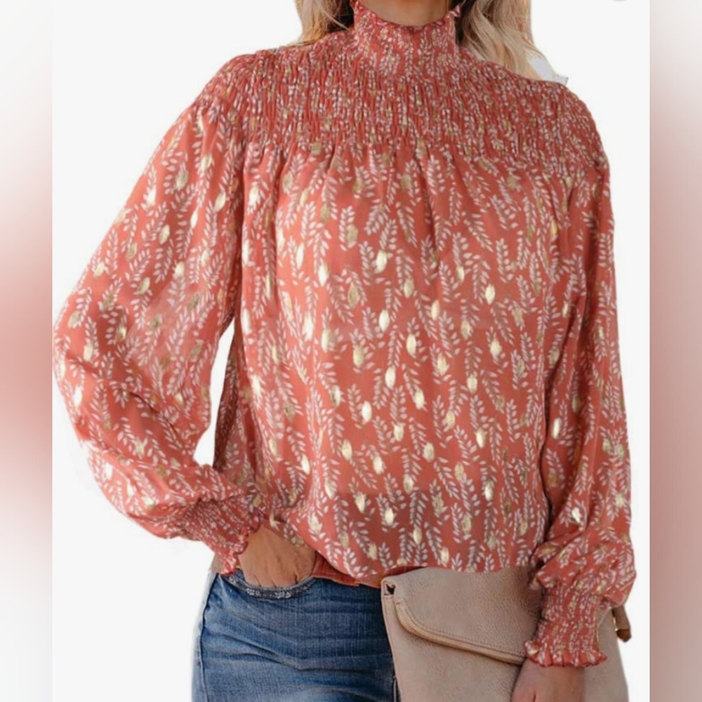 Bigyonger Sheer Shirred High Neck Blouse With Metallic Accents Red Bean Paste